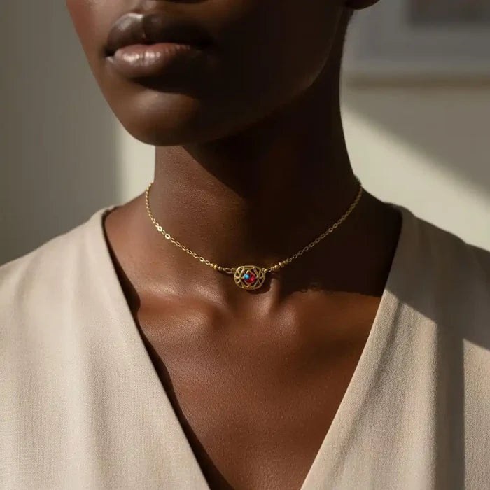 Red Crystal 14 K Gold Filled Adjustable Filigree Choker worn elegantly on a model's neck highlighting its shimmering details.
