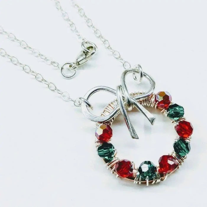 Red Green Crystal Christmas Wreath Necklace Special Edition showcasing red and green crystals with silver chain.