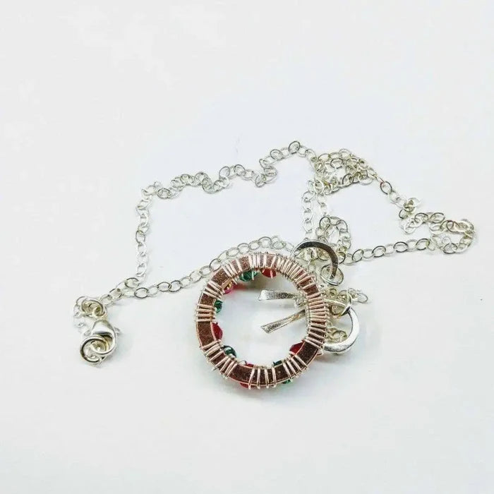 Red Green Crystal Christmas Wreath Necklace Special Edition on a silver chain