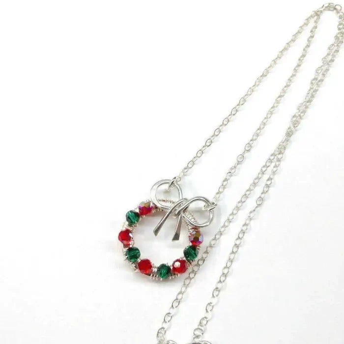 Red Green Crystal Christmas Wreath Necklace Special Edition with colorful beads and silver chain.