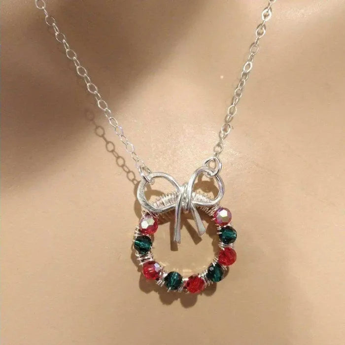 Red Green Crystal Christmas Wreath Necklace Special Edition with red and green crystals, perfect for holiday celebrations.