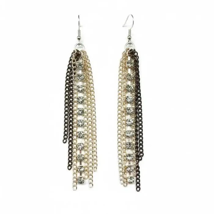 Rhinestone Crystal Chain Fringe Earrings featuring cascading chains and sparkling rhinestones for a dramatic look.