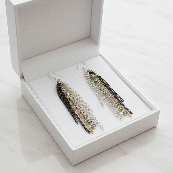 Rhinestone Crystal Chain Fringe Earrings in a stylish gift box with mixed metal chains and sparkling rhinestones.