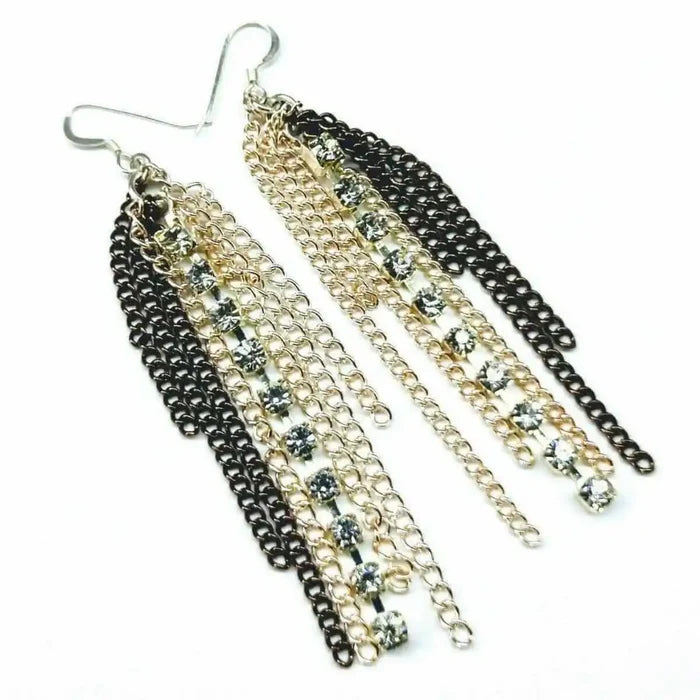 Rhinestone Crystal Chain Fringe Earrings featuring cascading strands of mixed metal chains and sparkling rhinestone crystals.