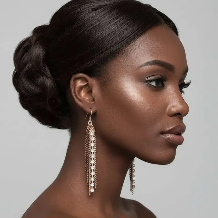Rhinestone Crystal Chain Fringe Earrings worn by a model showcasing their elegance and sparkling design.