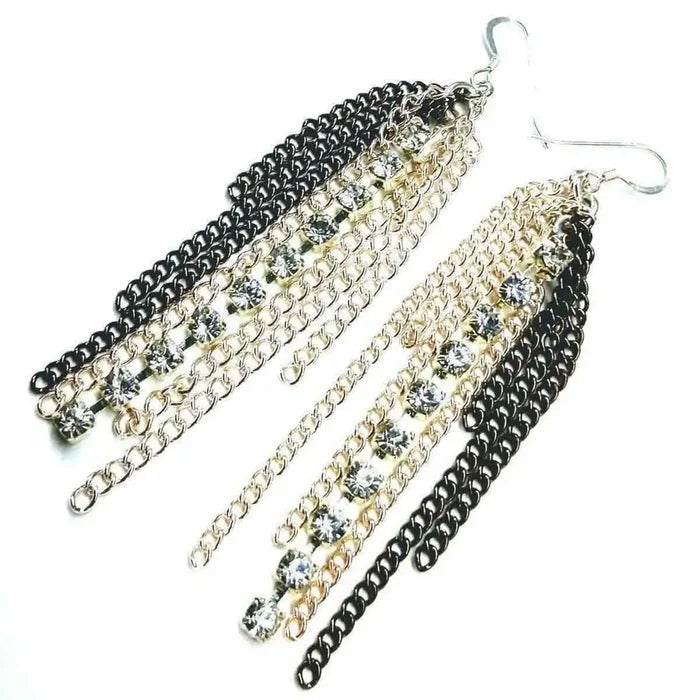 Rhinestone Crystal Chain Fringe Earrings featuring cascading strands of black and gold chains with sparkling rhinestones.
