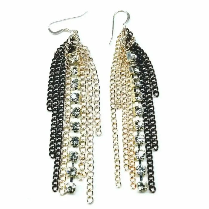 Rhinestone Crystal Chain Fringe Earrings featuring cascading mixed metal chains and sparkling rhinestones for dramatic flair.