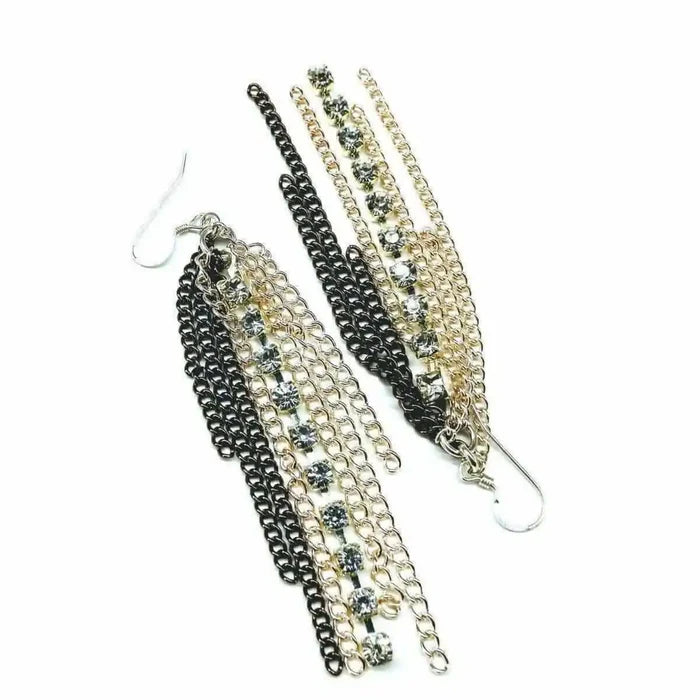 Rhinestone Crystal Chain Fringe Earrings featuring shimmering chains and rhinestone details for a dramatic look.