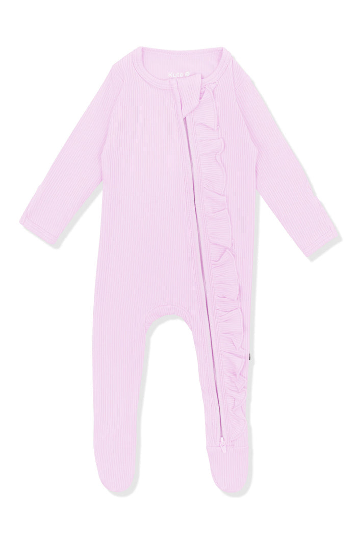 Product photo of the Ribbed Ruffle Zipper Footie in Thistle on a white surface