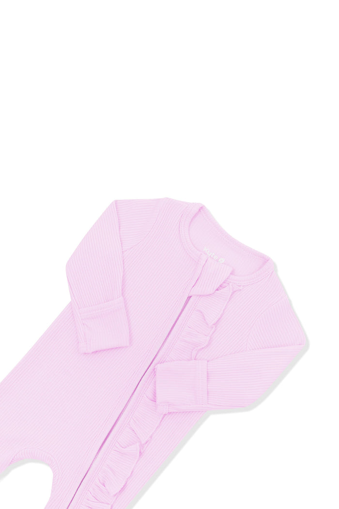 Close up of the zipper garage, fold over hand cuffs and the ruffle fabric zipper trim on the Ribbed Ruffle Zipper Footie in Thistle
