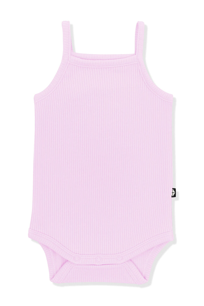 Product photo of the Ribbed Spaghetti Strap Bodysuit in Thistle on a white surface