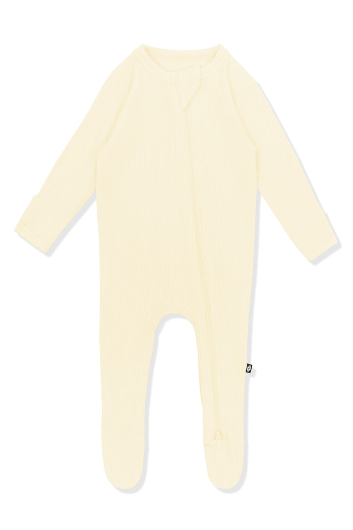 Product photo of the Ribbed Zipper Footie in Chamomile on a white background