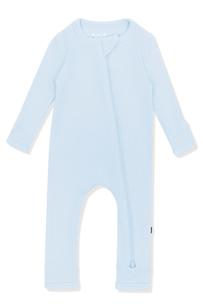 Product photo of the Ribbed Zipper Romper in Breeze on a white background