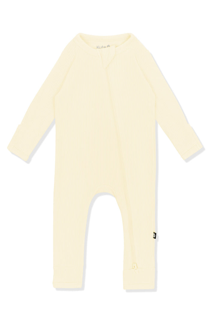Product photo of the Ribbed Zipper Romper in Chamomile on a white background