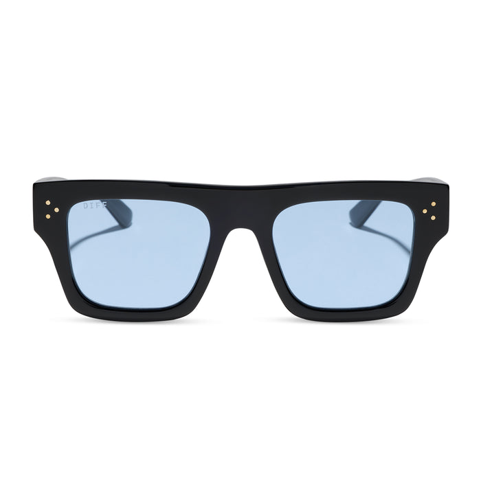 diff eyewear featuring the roberts  sunglasses with a black acetate frame and light blue tint lenses front view