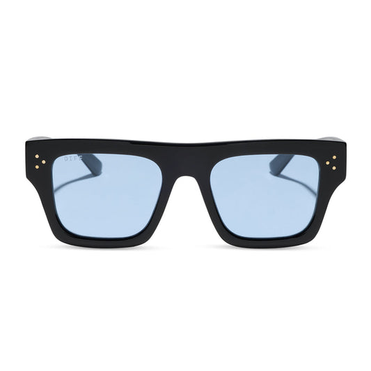 diff eyewear featuring the roberts  sunglasses with a black acetate frame and light blue tint lenses front view