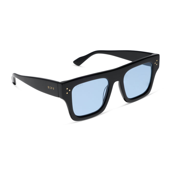 diff eyewear featuring the roberts  sunglasses with a black acetate frame and light blue tint lenses angled view