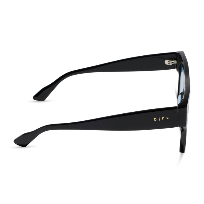diff eyewear featuring the roberts  sunglasses with a black acetate frame and light blue tint lenses side view