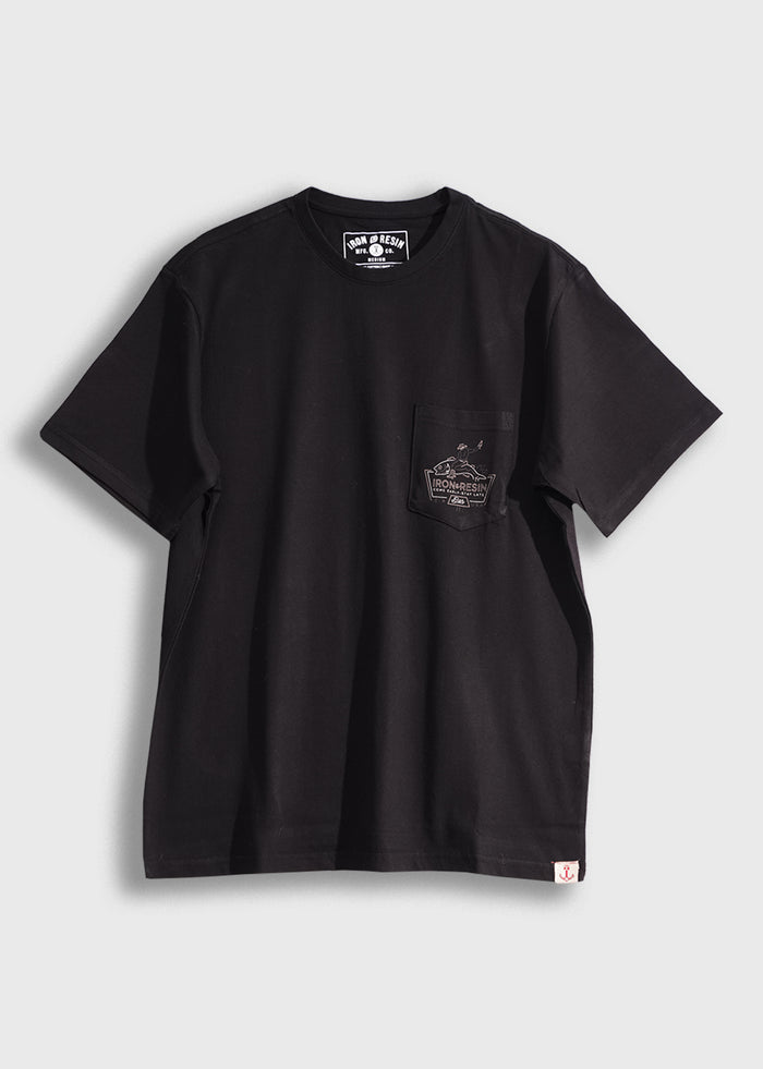 Black Iron & Resin T-shirt with a chest pocket featuring a small graphic. Simple design on a plain background.