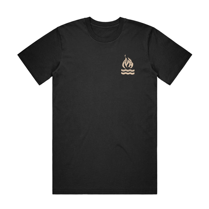 Black t shirt. The top right has a small campfire graphic in a golden brown color.