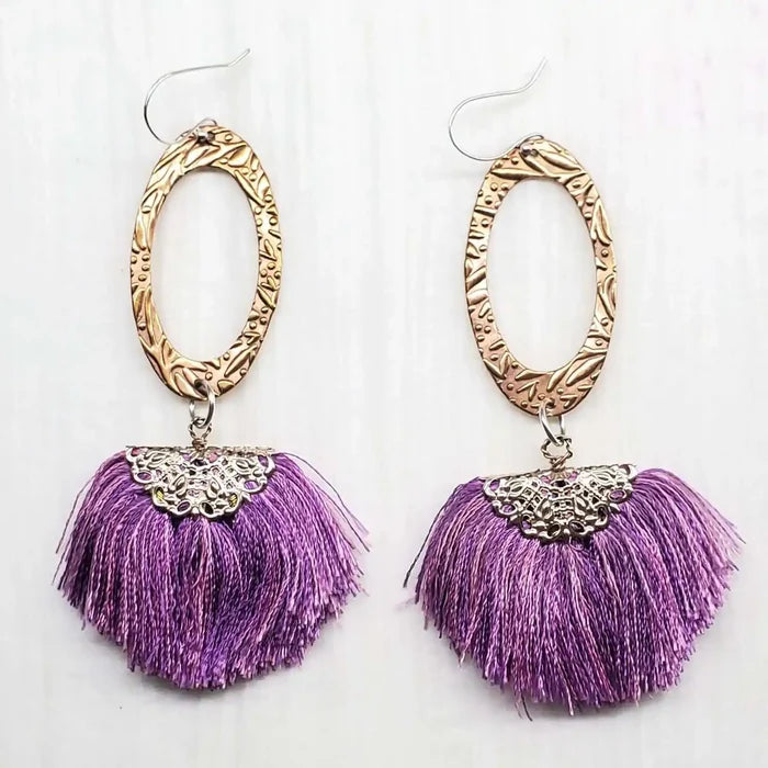Rose Gold Filigree Silk Tassel Earrings Copper Embossed with purple silk tassels and ornate metal detailing