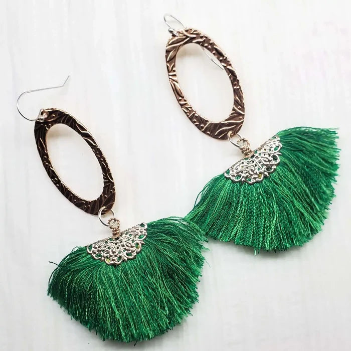 Rose Gold Filigree Silk Tassel Earrings Copper Embossed featuring green silk tassels and intricate metalwork.