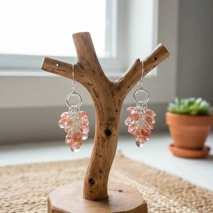 Rose Peach Crystal Sterling Silver Cluster Earrings