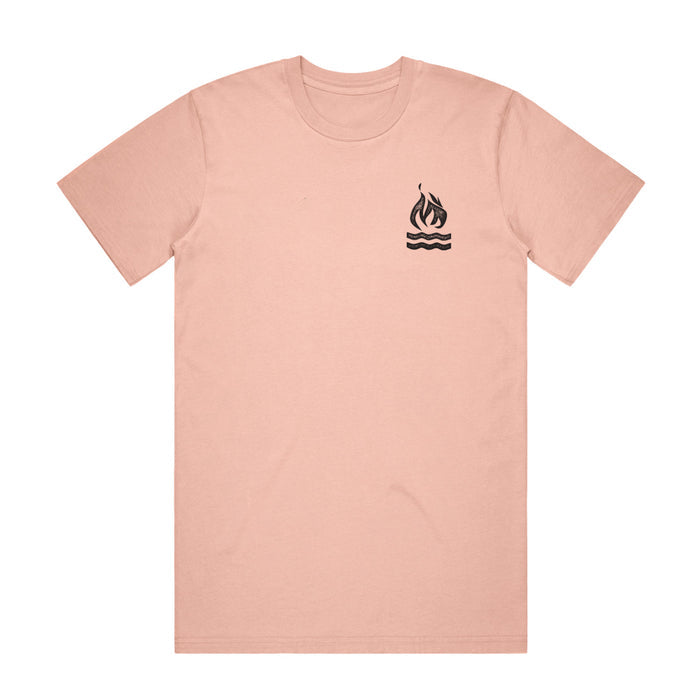 pink t shirt. The top right has a small campfire graphic.