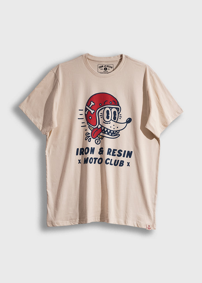 Beige T-shirt with cartoon dog in red helmet, text "Iron & Resin Moto Club" below. Playful, vintage-style design.
