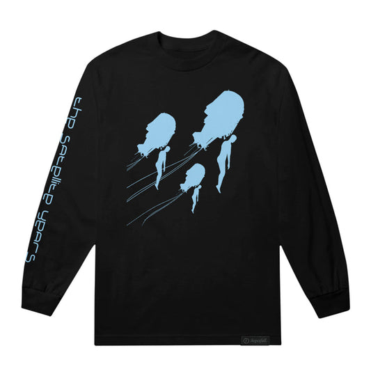Black long-sleeve shirt with picture of 3 silhouettes floating near 3 satellites in light blue color. Left sleeve has "the satellite years" printed in same light blue color.