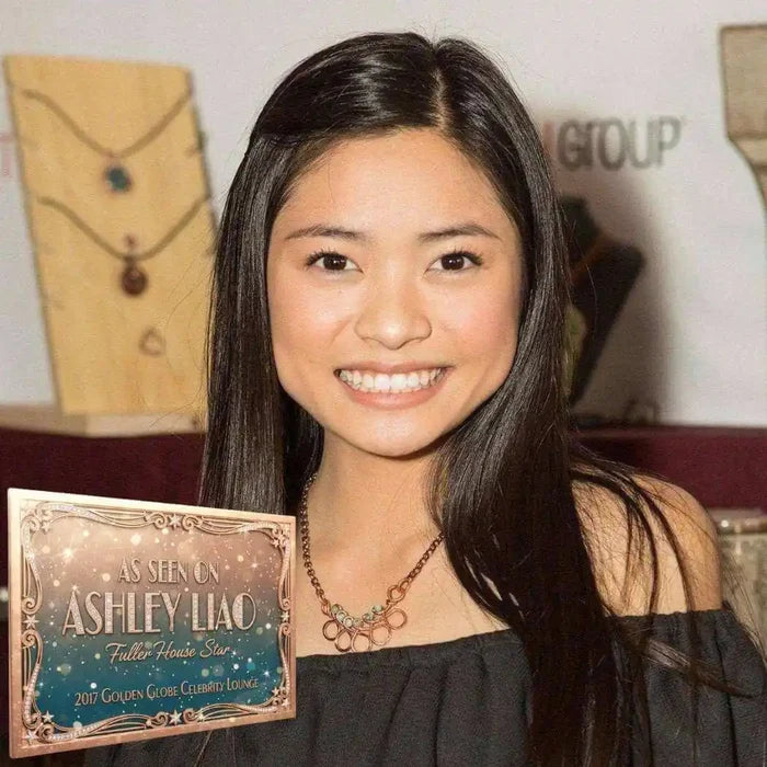 Seen on Ashley Liao Copper Turquoise Wire Wrapped Necklace displayed with Ashley Liao at 2017 Golden Globe Celebrity Lounge.