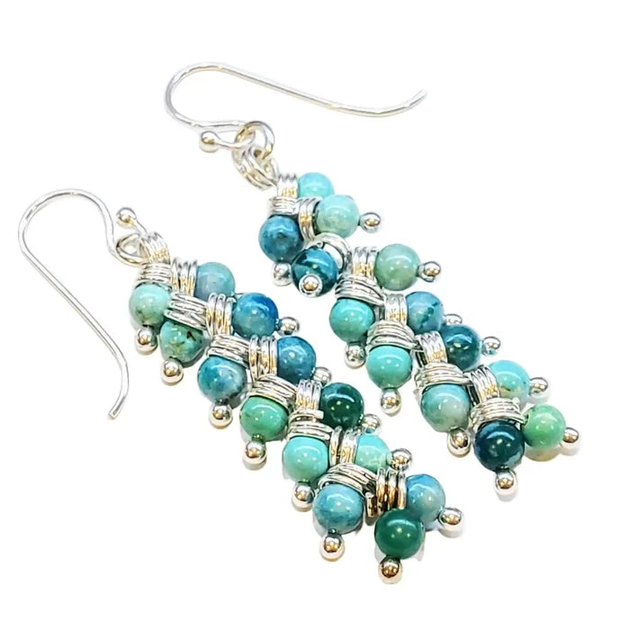 Seen On Jane The Virgin Silver Turquoise Wire Coil Earrings featuring vibrant turquoise stones and silver wire details.