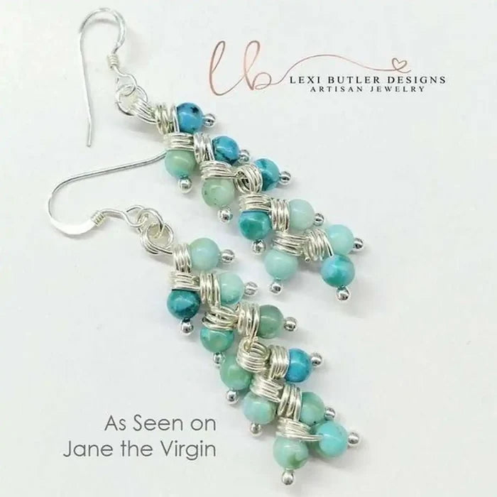 Seen On Jane The Virgin Silver Turquoise Wire Coil Earrings with artisan design and colorful beads.