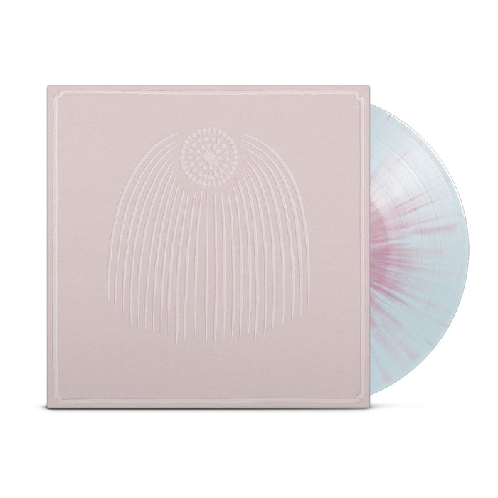 Record against white background. Vinyl is light blue with pink splatter. Vinyl jacket is a pink/tan color with simple drawing of a circle in the top center of jacket. The circle is made up of dots and several straight lines are stemming down from the circle.