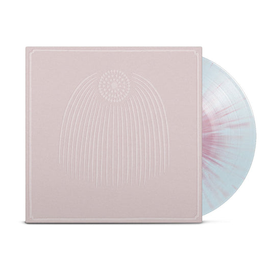 Record against white background. Vinyl is light blue with pink splatter. Vinyl jacket is a pink/tan color with simple drawing of a circle in the top center of jacket. The circle is made up of dots and several straight lines are stemming down from the circle.