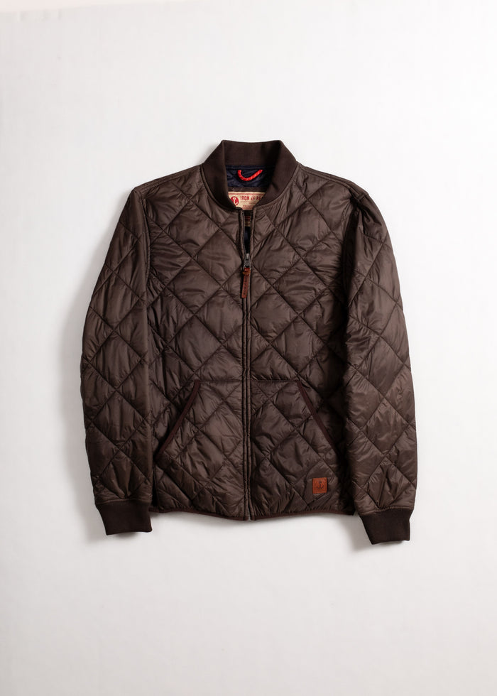 Brown quilted jacket with a front zipper, ribbed cuffs, and collar, displayed on a white background. Casual and stylish design.