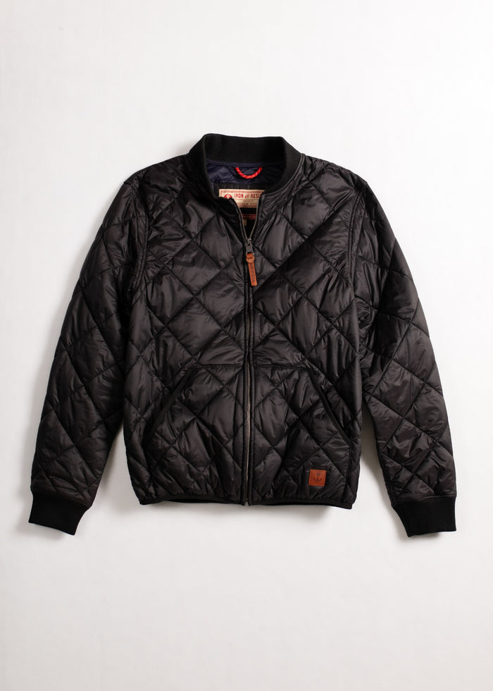 Black quilted jacket with a zipper front and ribbed cuffs, displayed on a white background. Simple, stylish outerwear choice.
