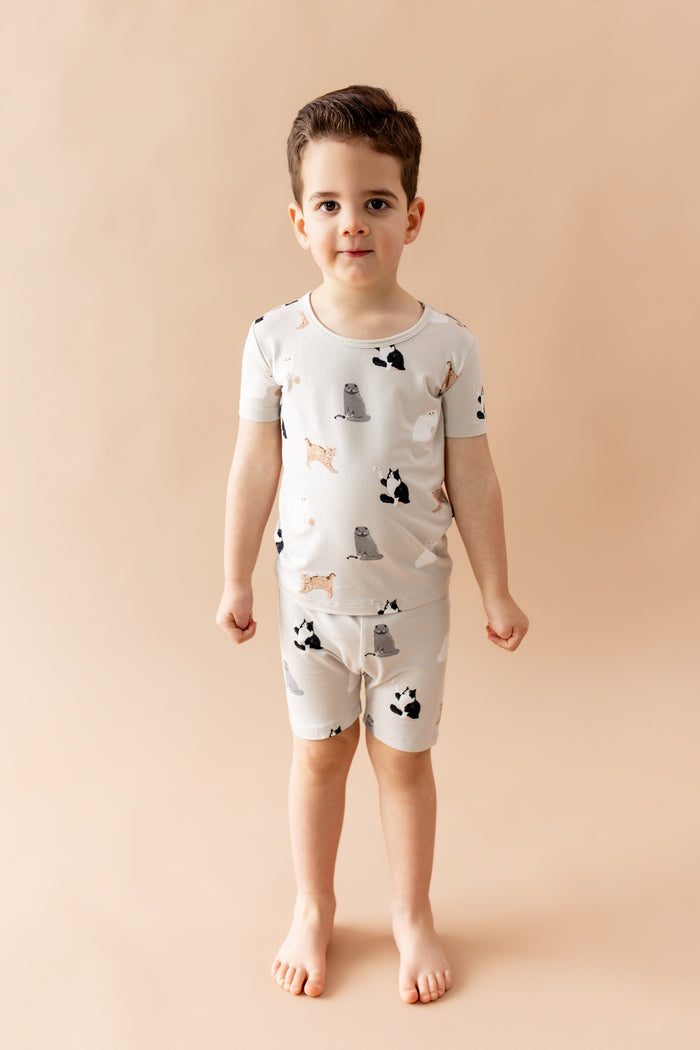 Young boy standing in front of a light beige background wearing the Short Sleeve Pajamas in Fluffy Cat