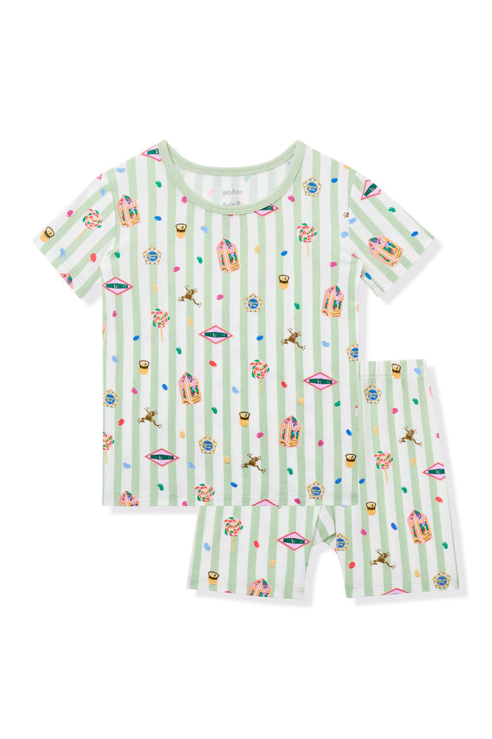 Green and white striped Short Sleeve Pajamas with colorful Harry Potter patterns on a white background