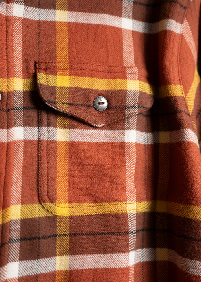 Close-up of a plaid flannel shirt pocket, featuring red, yellow, and white checkered pattern with a silver button detail.