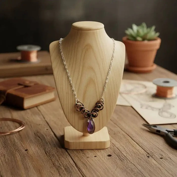 Silver and Copper Wire Sculpted Purple Crystal Drop Necklace displayed on a wooden bust with artistic materials in the background.