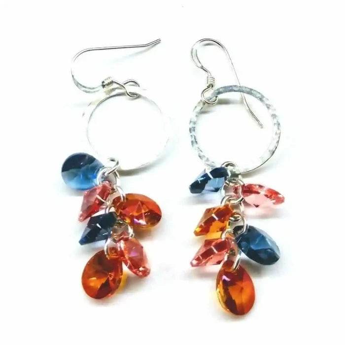 Silver Circle Multi Color Crystal Drop Dangle Earrings featuring vibrant blue, orange, and pink crystals on silver hoops.