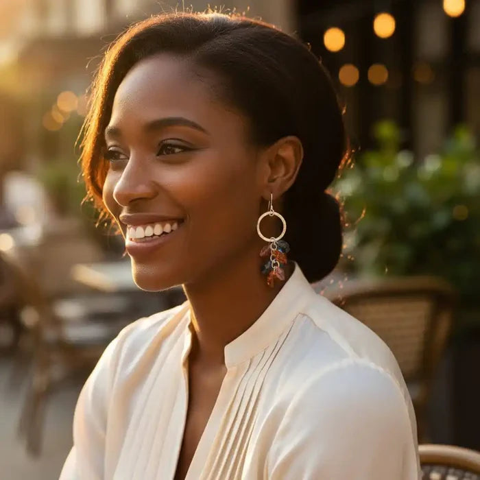 Silver Circle Multi Color Crystal Drop Dangle Earrings worn by a smiling woman in a sunny outdoor setting.