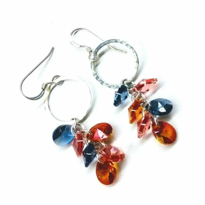 Silver Circle Multi Color Crystal Drop Dangle Earrings featuring colorful Swarovski crystals on sterling silver.