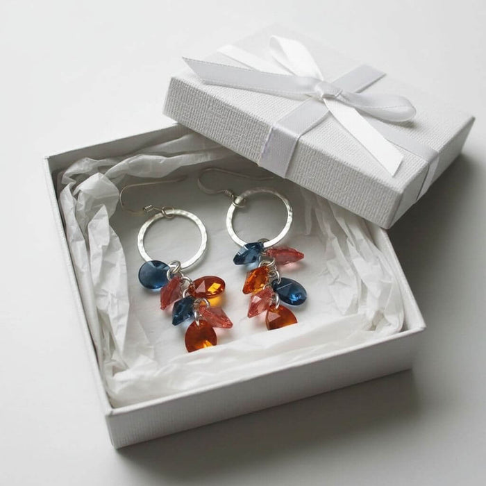 Silver Circle Multi Color Crystal Drop Dangle Earrings displayed in a gift box with elegant design.