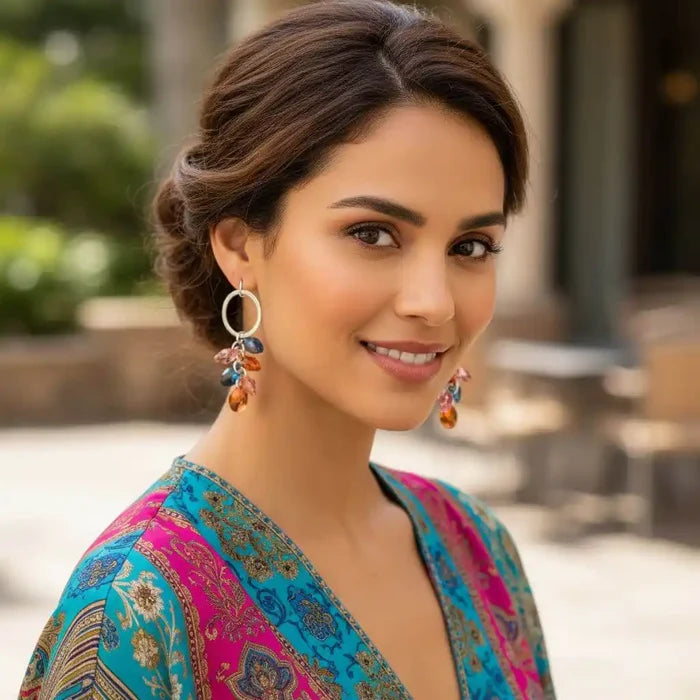 Silver Circle Multi Color Crystal Drop Dangle Earrings worn by a model showcasing elegant style outdoors.