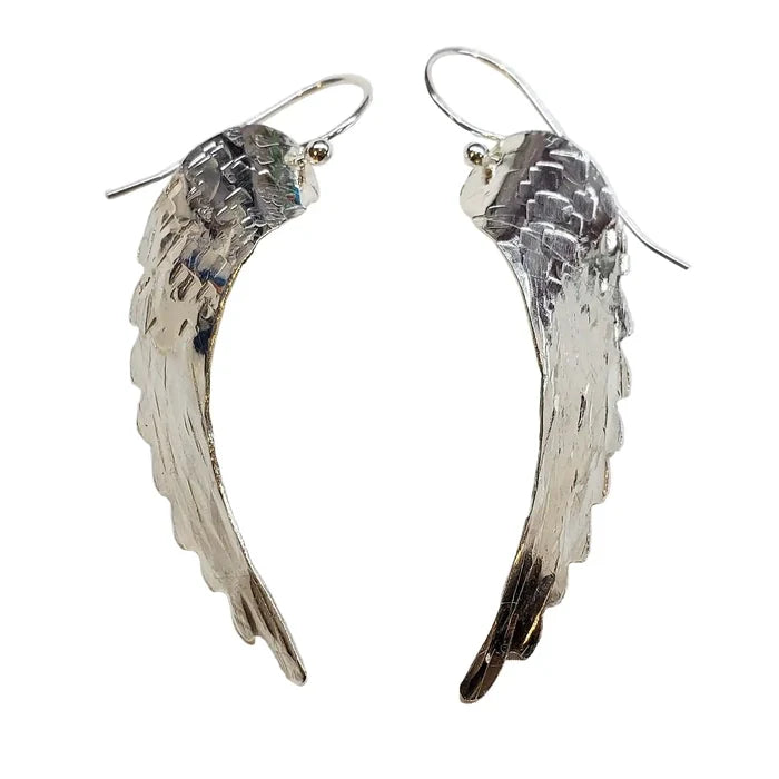 Silver Hammered Sculpted Angel Wing Earrings crafted from premium sterling silver with a unique hammered texture.