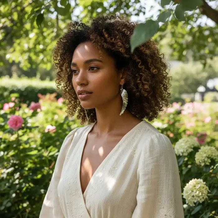 Model showcasing Silver Hammered Sculpted Angel Wing Earrings in a lush garden setting.