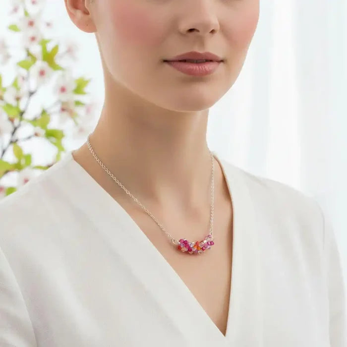 Silver Multi Color Spring Blossom Crystal Necklace worn by a model, showcasing vibrant Swarovski crystals.