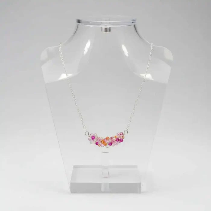 Silver Multi Color Spring Blossom Crystal Necklace displayed on a clear mannequin bust.